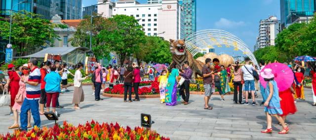 Lunar New Year Tết celebrations with flowers in Ho Chi Minh City, Vietnam.