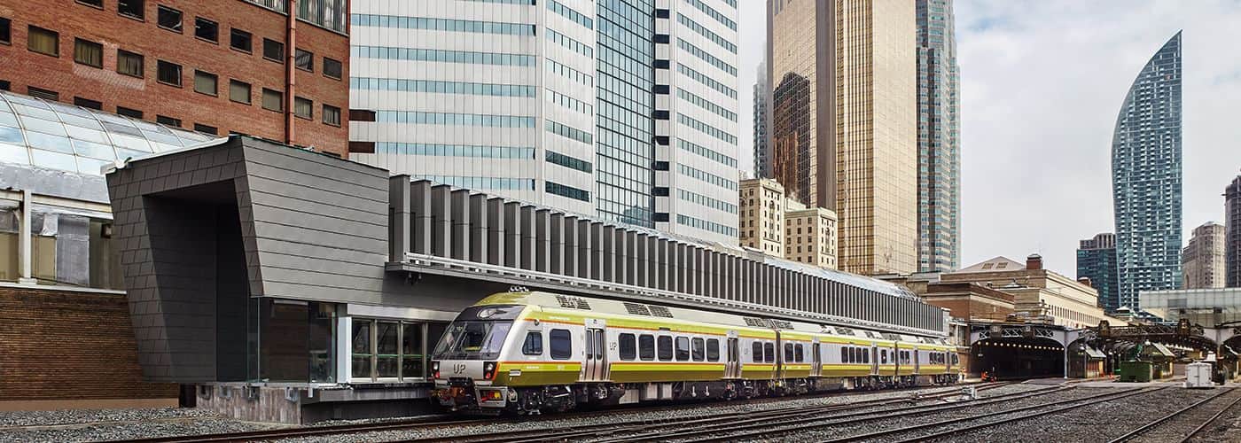 Exterior of Union Pearson Express train at Union Station in Downtown Toronto