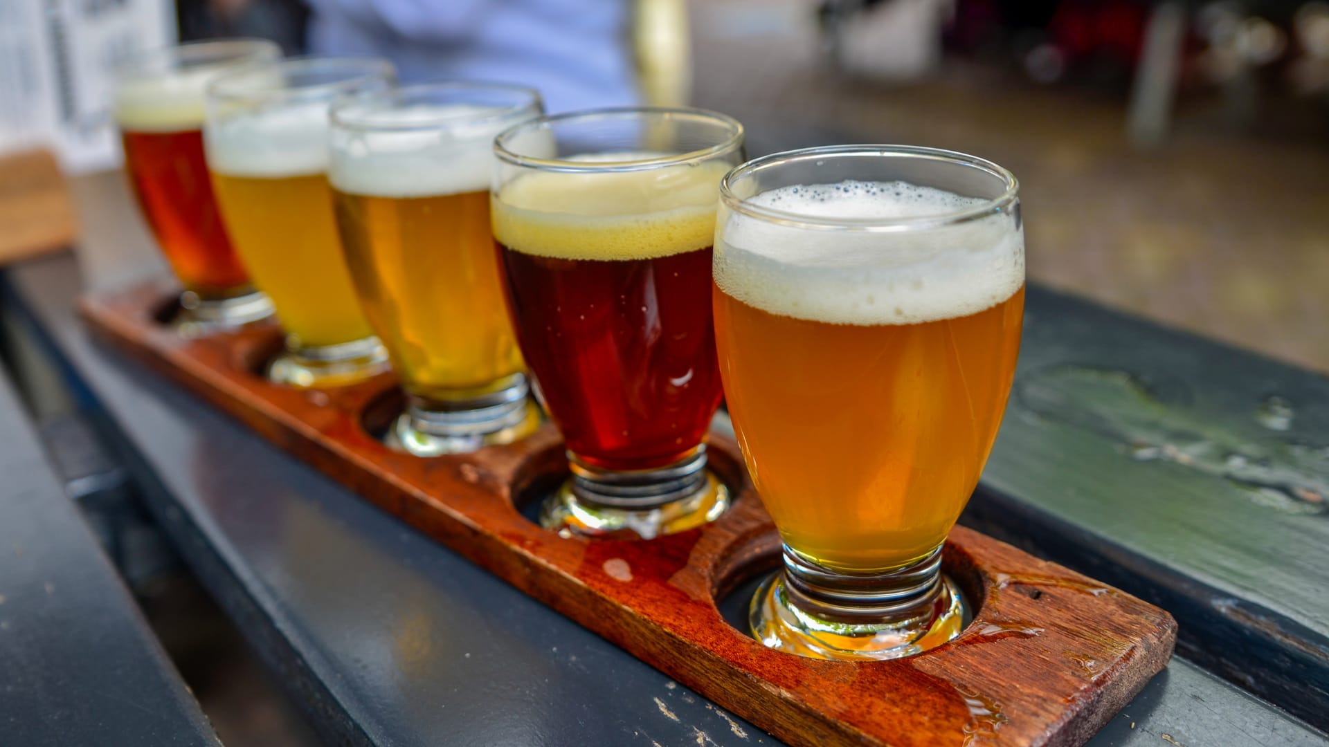 Craft beer flight on a patio