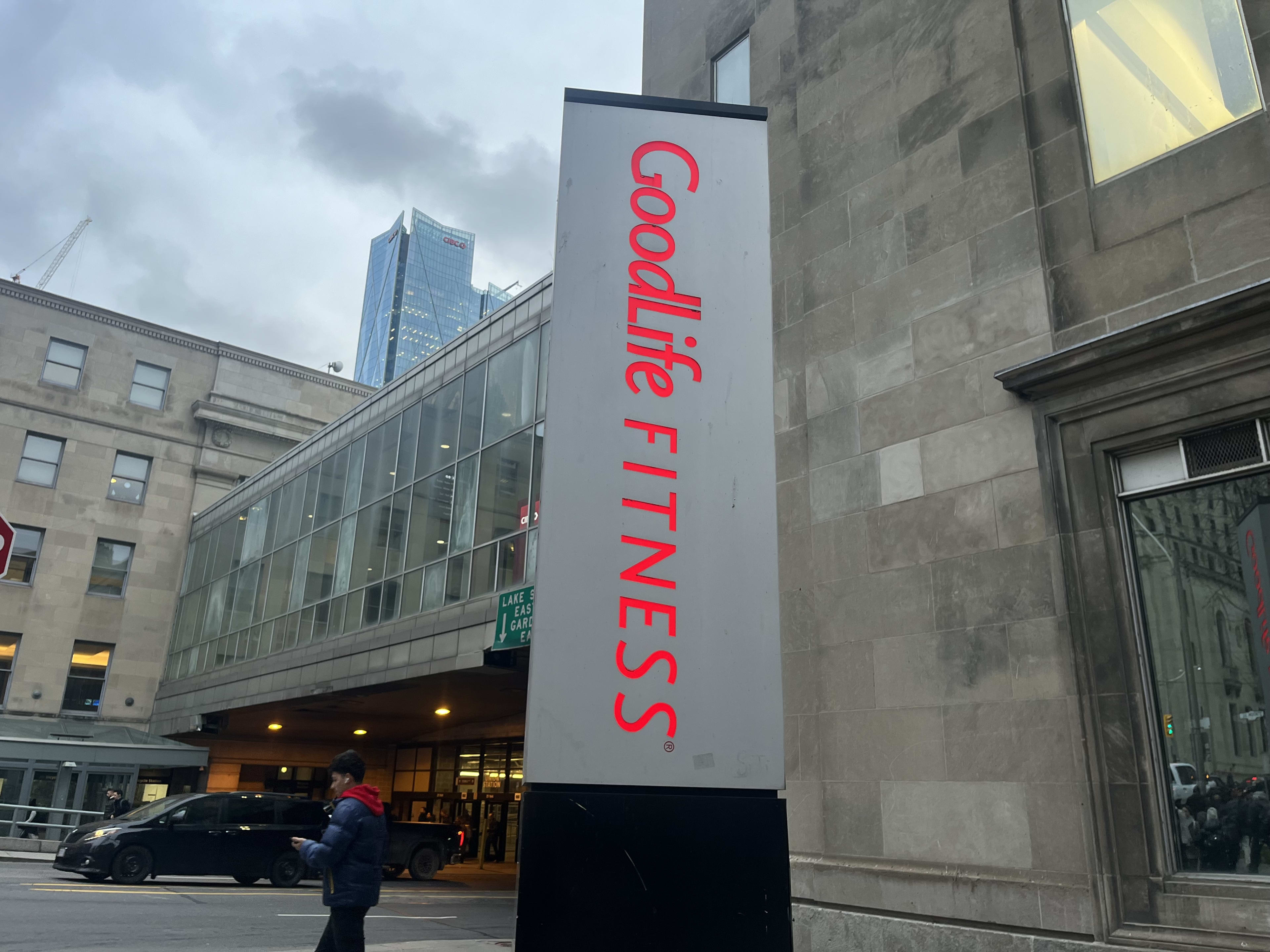 Goodlife Fitness sign on Station Street in Toronto, ON, just downstairs from UP Union Station.