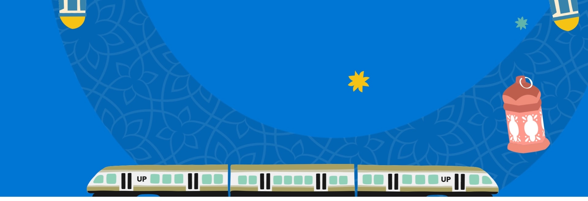 Illustration of UP Express train running through festive Eid background