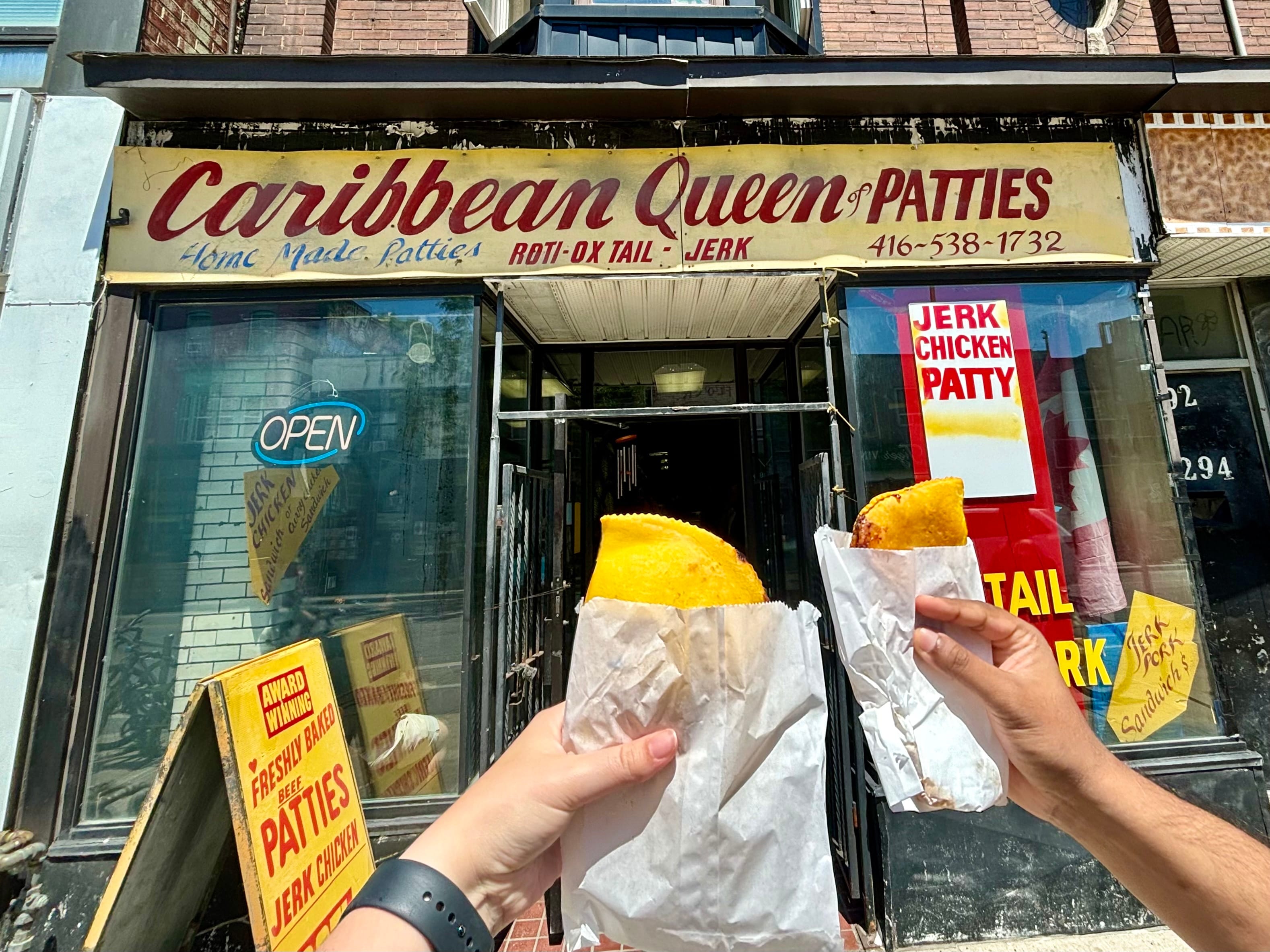 Patties held outside of Queen of Patties in Toronto.