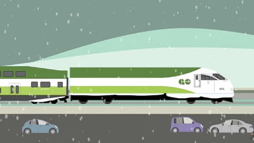 GO train travelling in winter weather