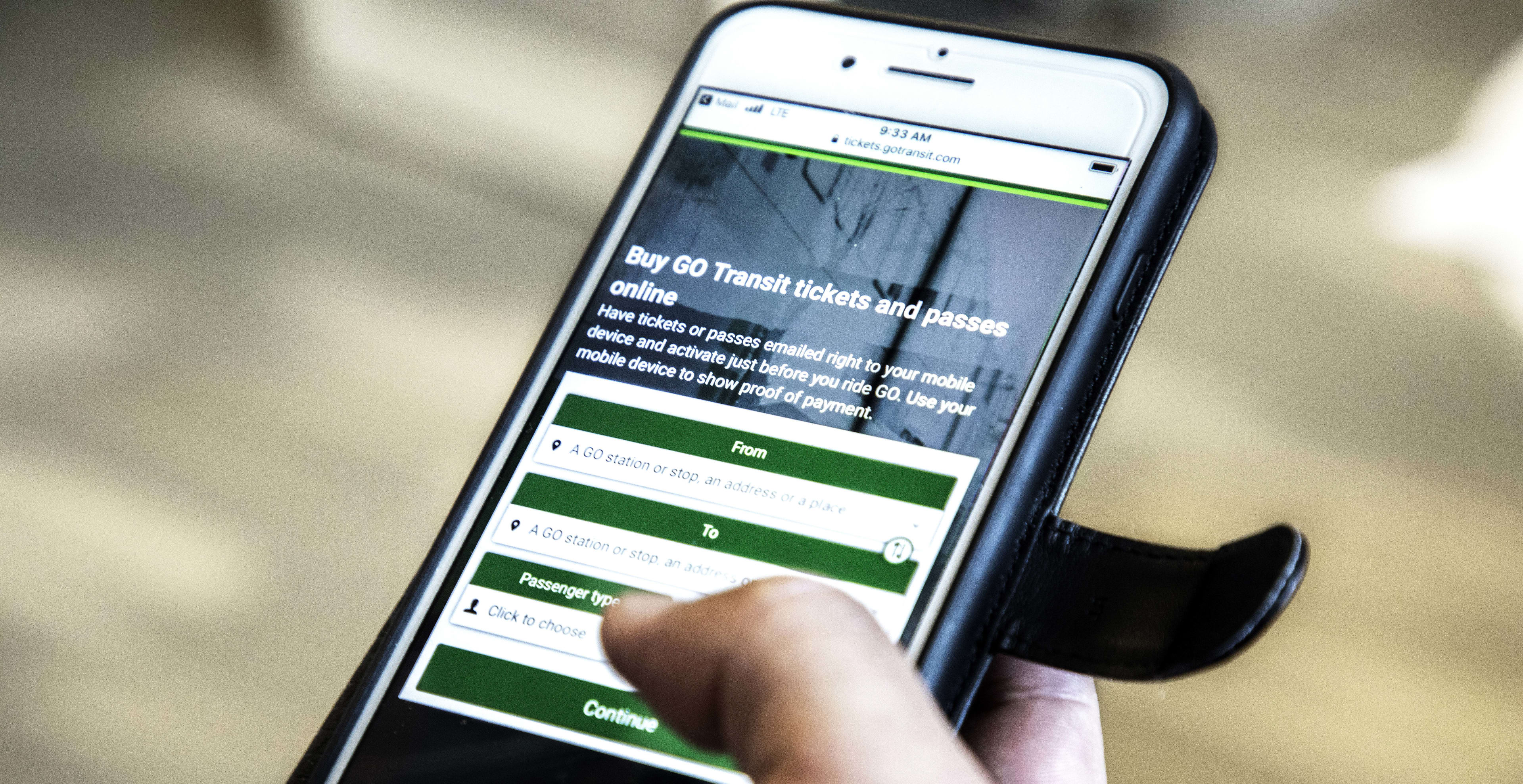 A mobile phone being used to order GO Transit e-tickets.