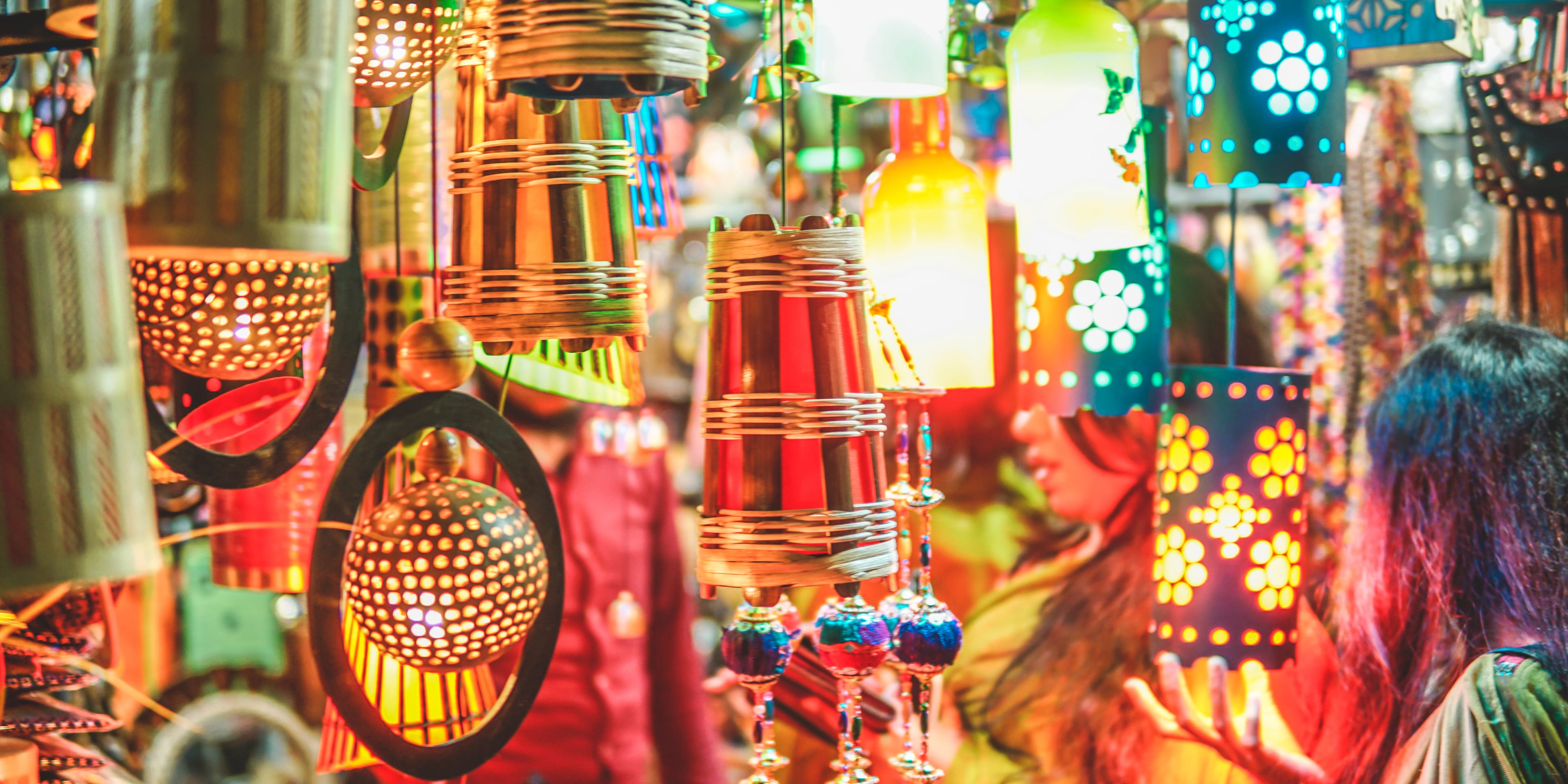 Various lanterns hanging in a market