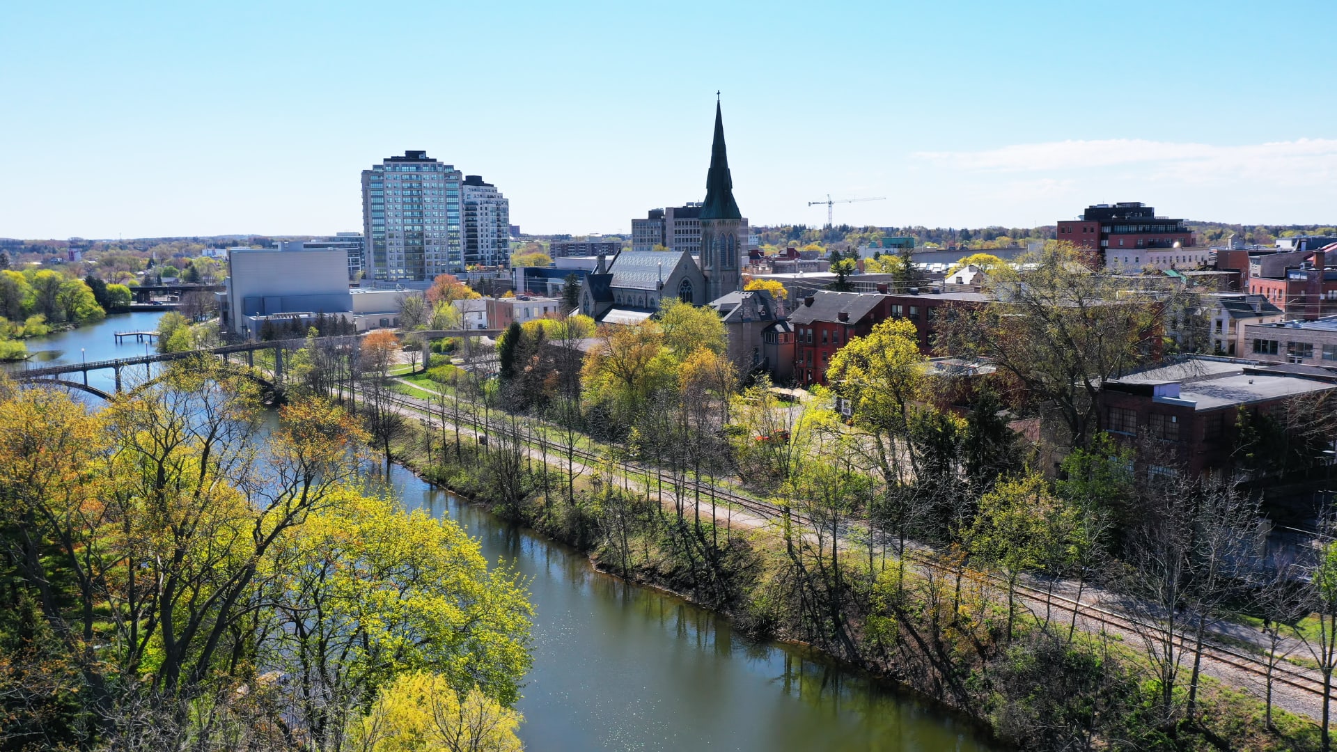 Aerial view of city centre of Guelph Ontario.