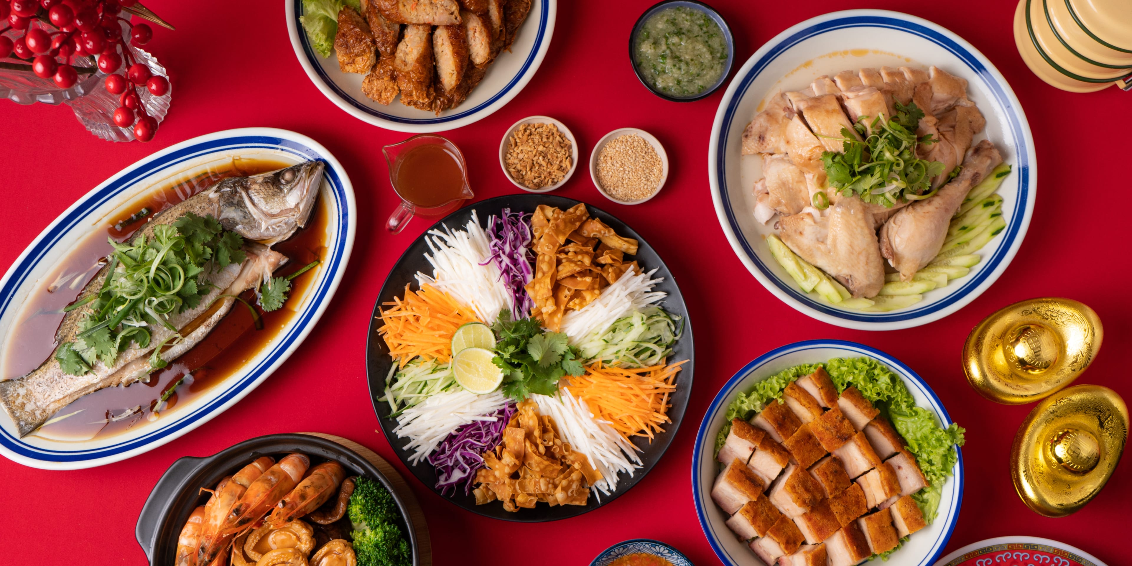 Spread of several Lunar New Year dishes and condiments