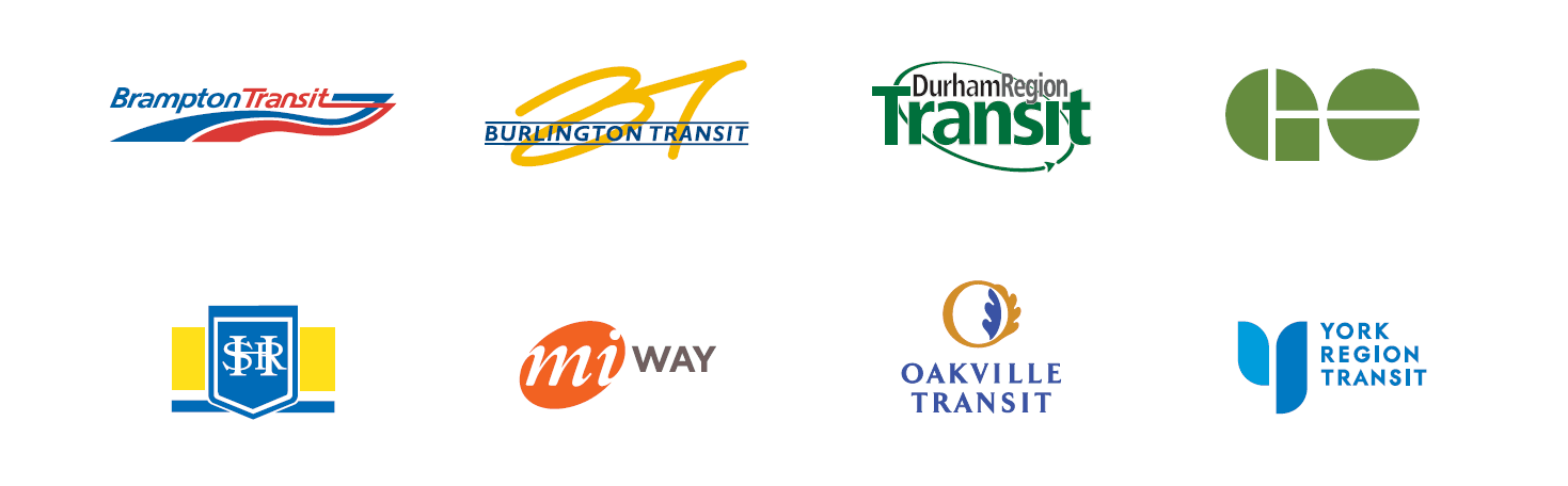 Logos for Brampton Transit, Burlington Transit, Durham Region Transit, miWay, and Oakville Transit
