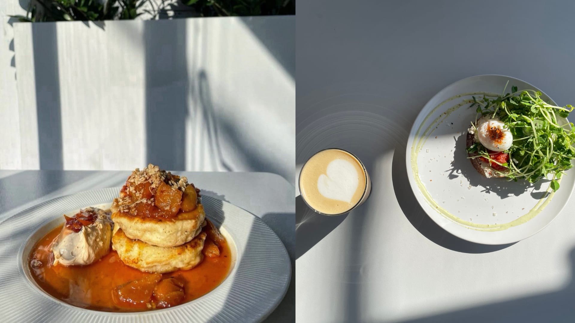 On the left: Mascarpone cream, marmalade and pear jam pancakes; on the right: avocado toast