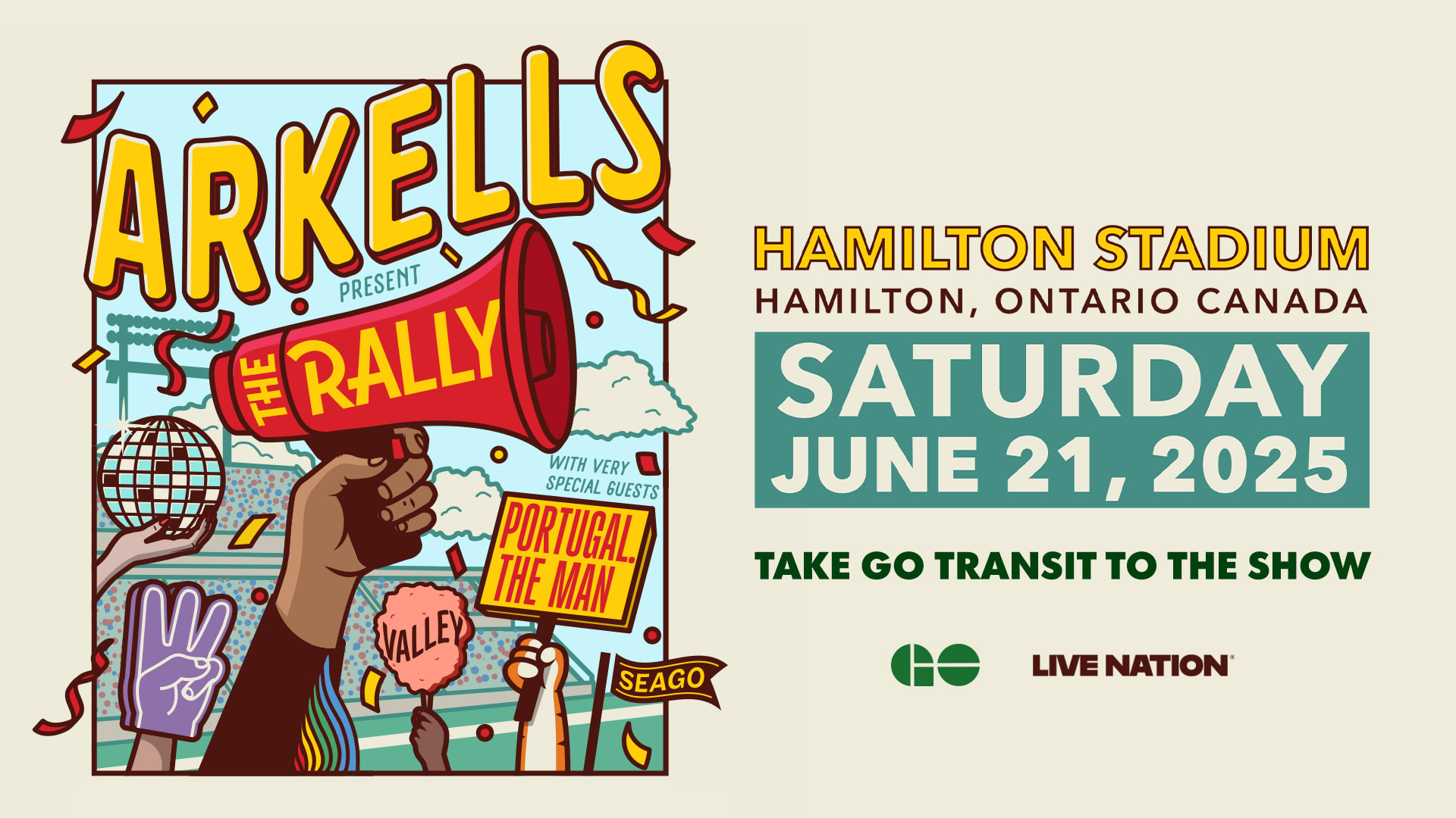 poster banner with info, arkells the rally