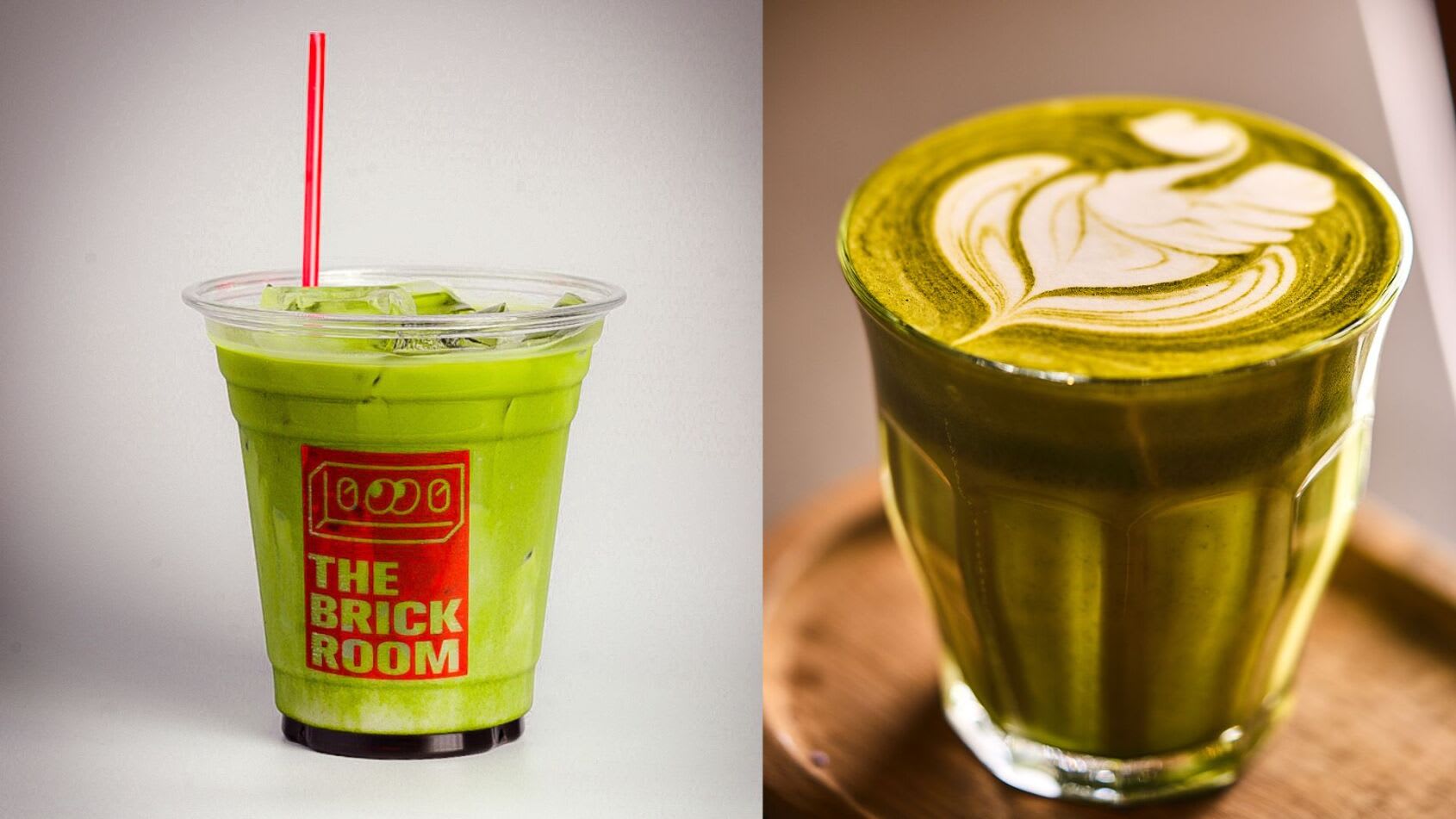 On the left, iced matcha latte, on the right, hot matcha latte from the brick room.