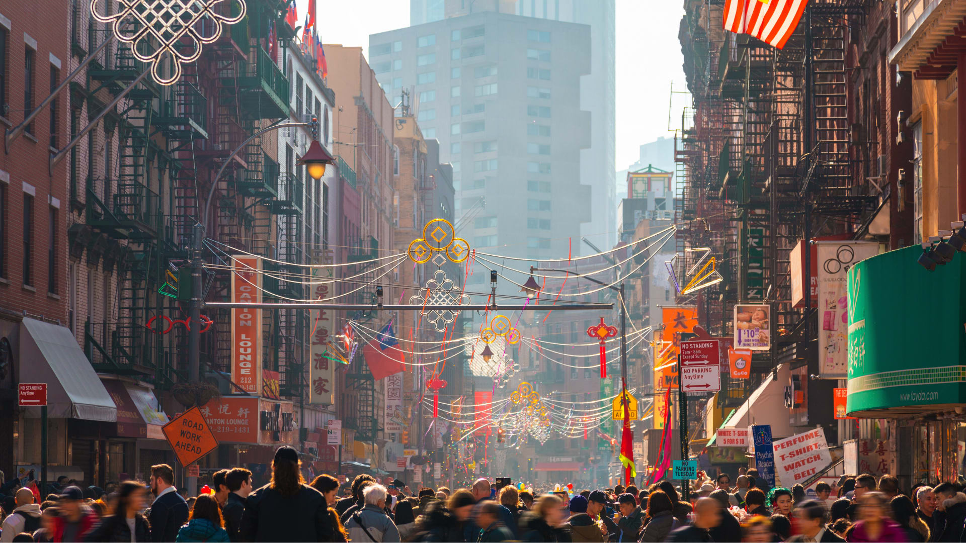 Busy street in Chinatown in New York City, USA