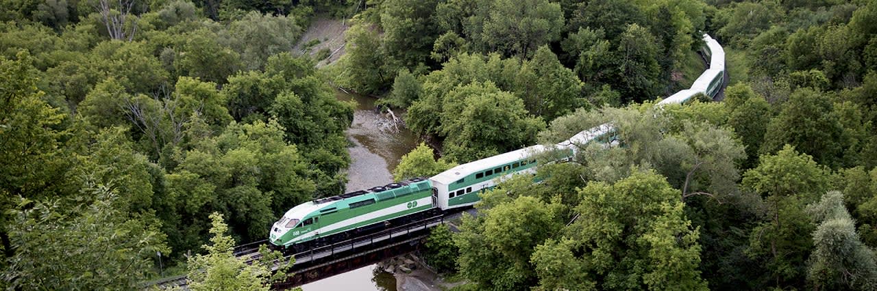 GO train passes through wooded area over a bridge