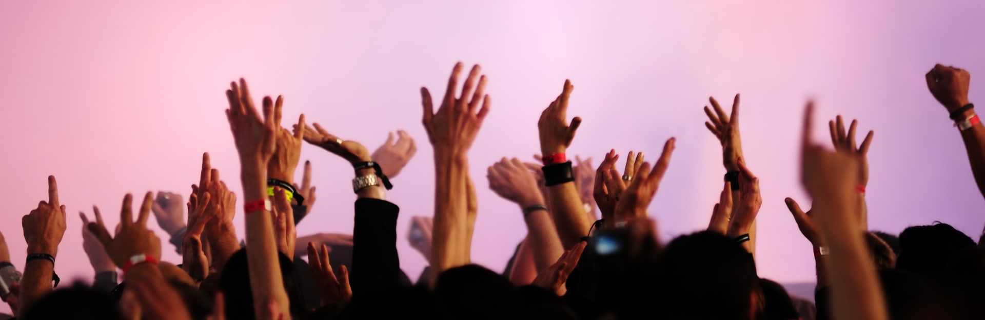 Audience at concert with their hands in the air.