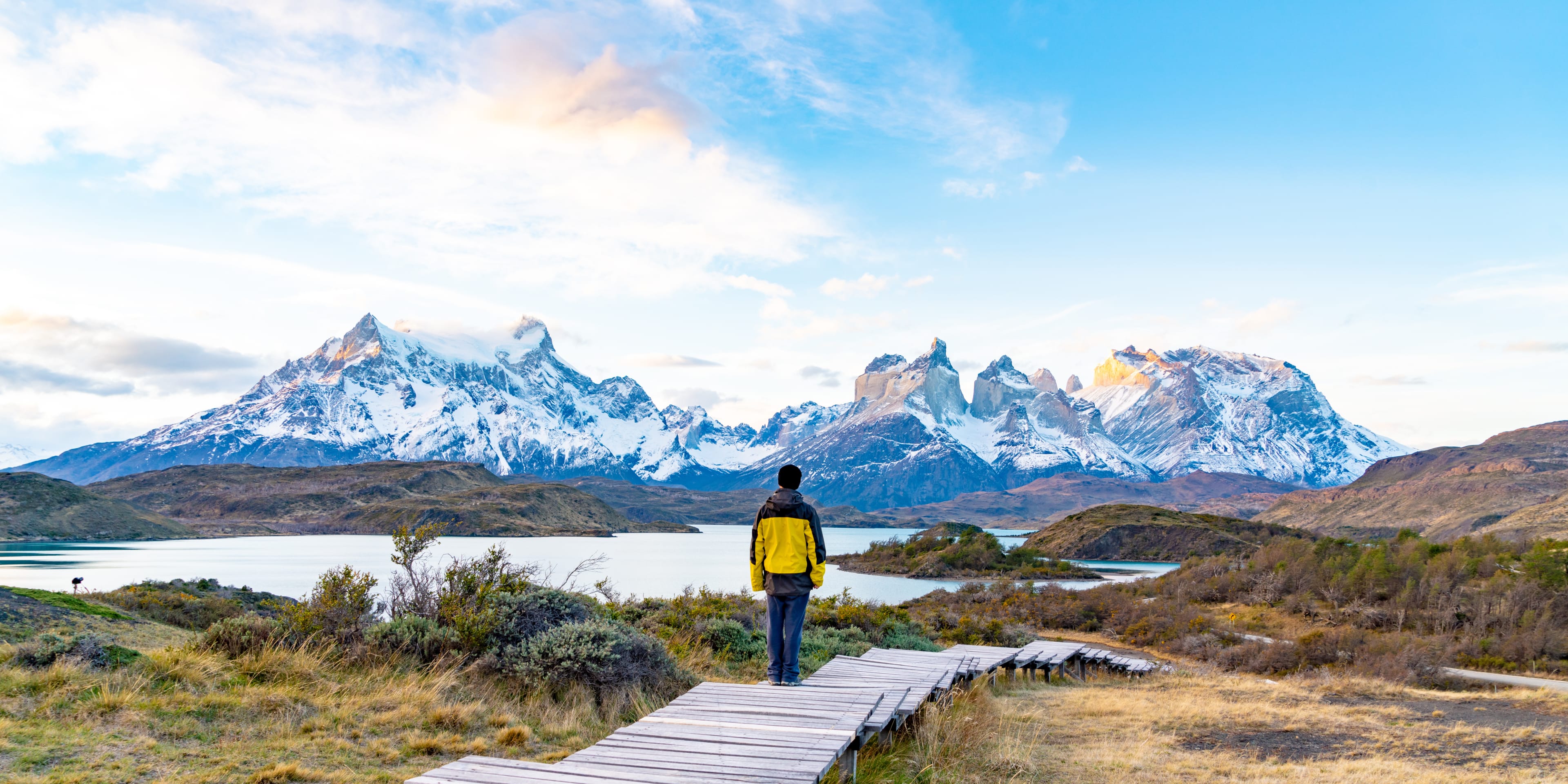 W Trail in Torres del Plaine National Park with glaciers and turquoise lake in Patagonia, Chile