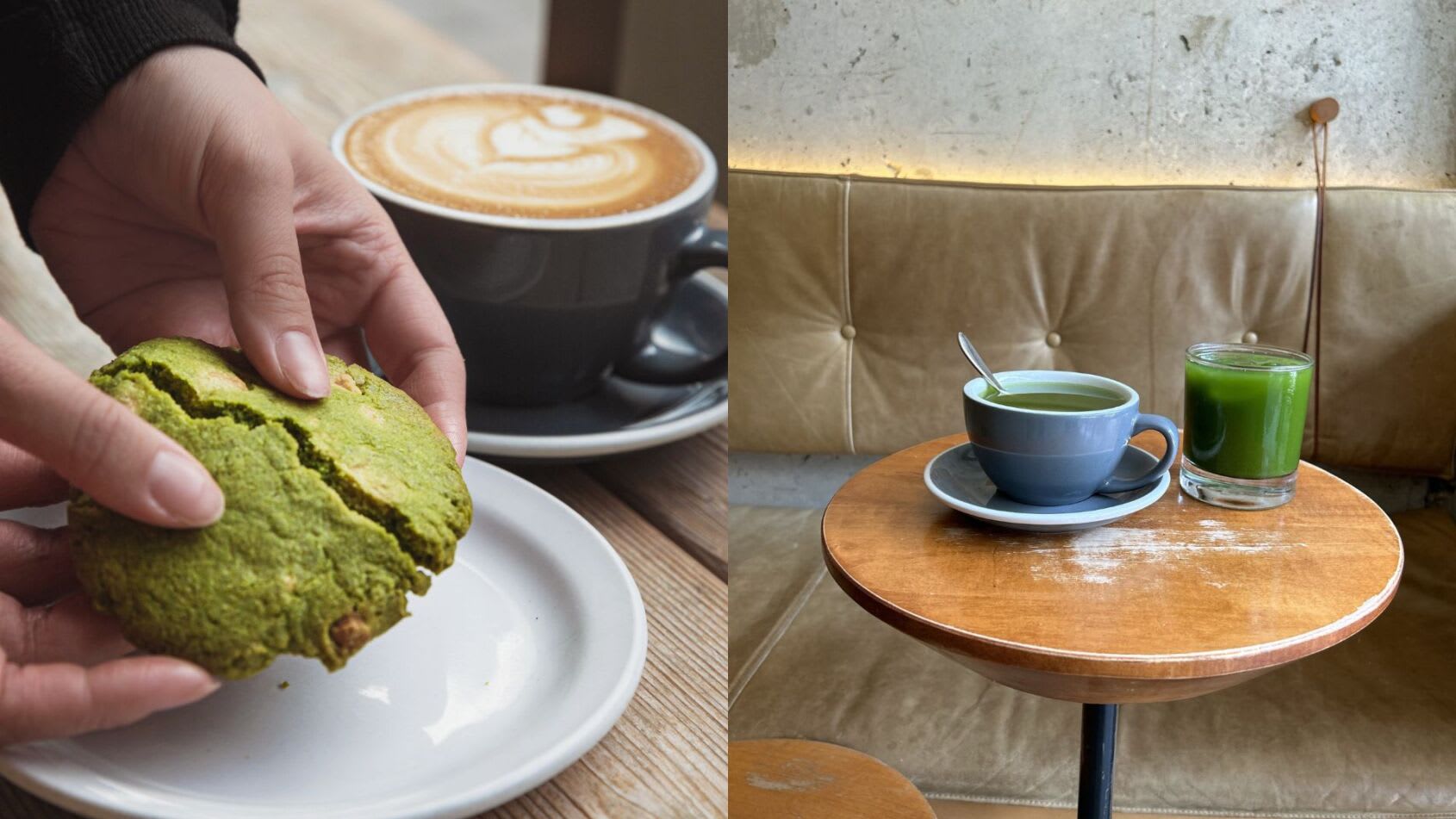 Right- Hot and Iced Matcha, left - Matcha Cookie
