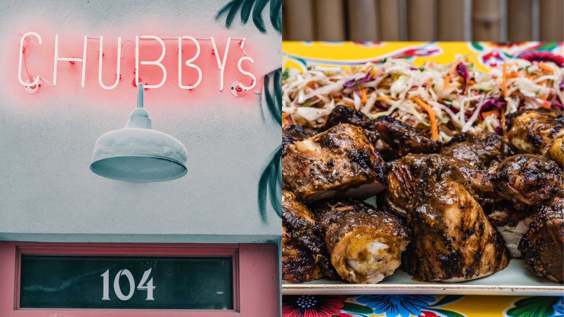 Chubby's restaurant sign outside on the left and jerk chicken on the right