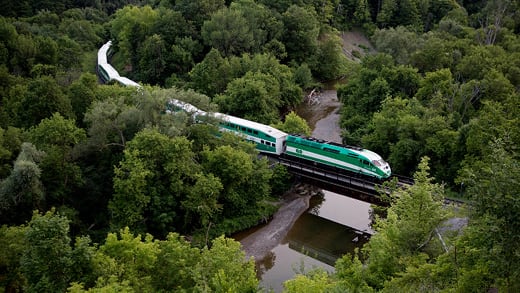 Aerial view of GO Train travelling