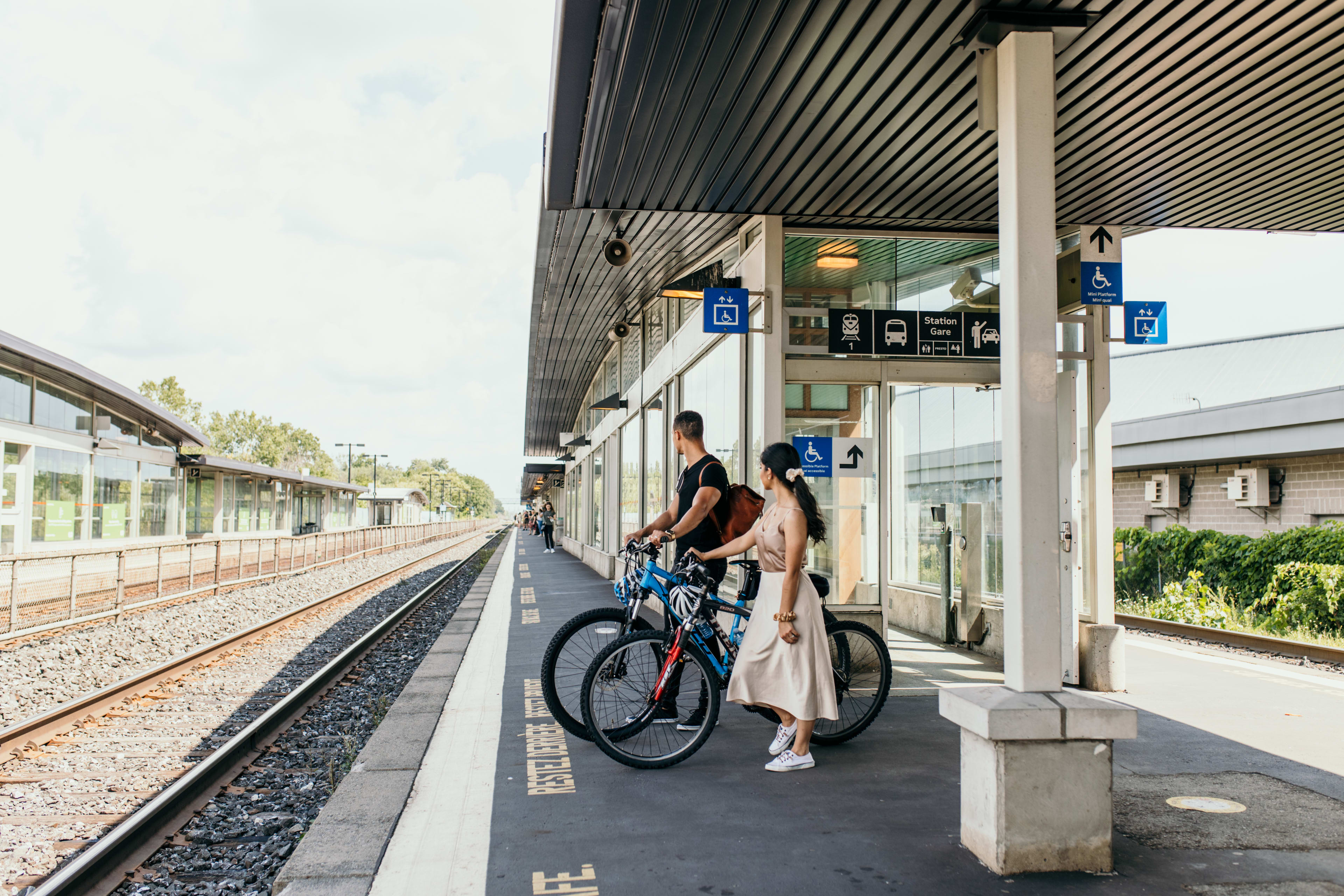 Series of photos of biking and GO Transit