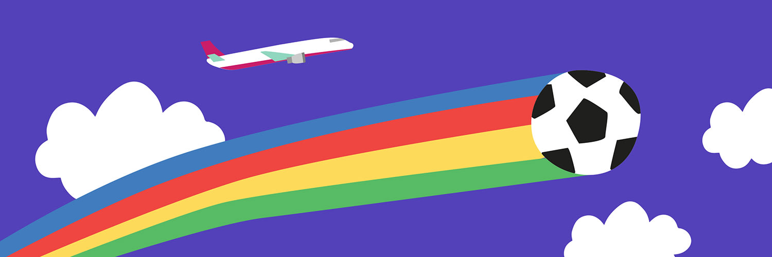 A soccer ball and a plane in the sky together.