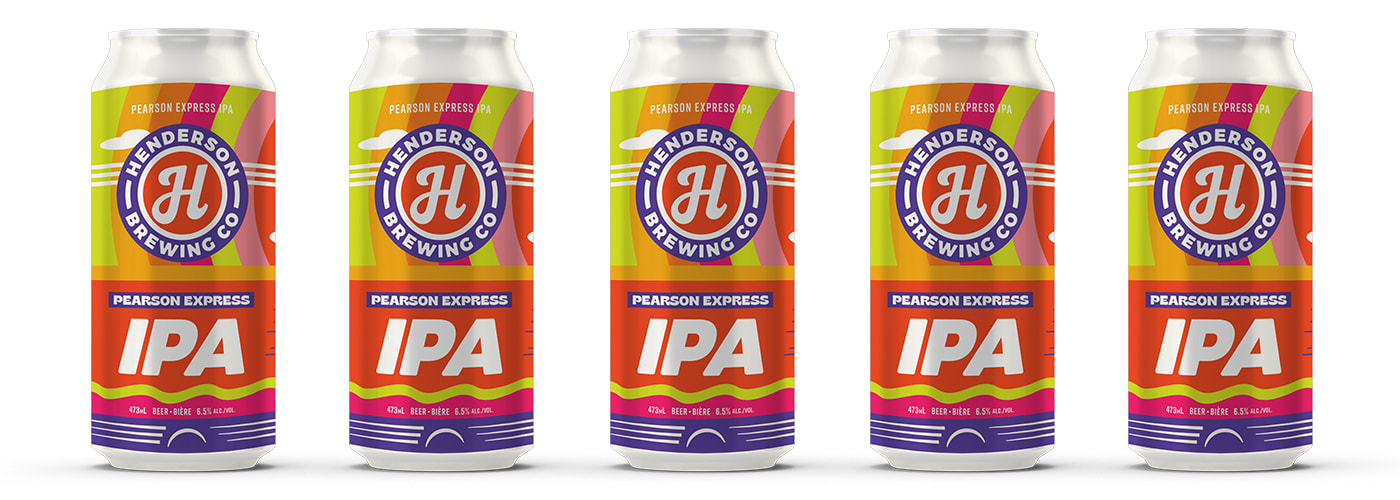 Line of five cans of Henderson Brewing beer against a white background