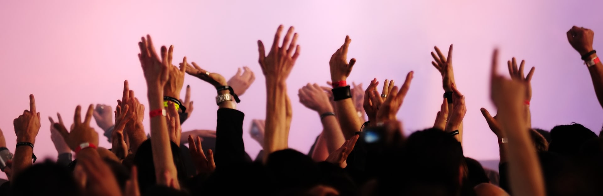 Audience at concert with their hands in the air.