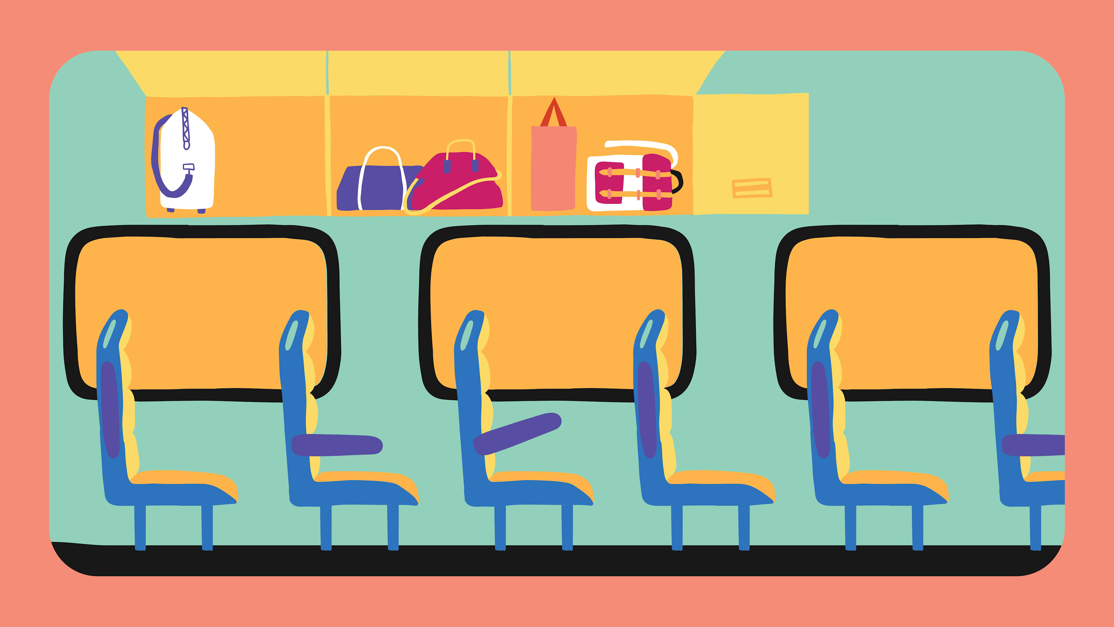 Illustrated image of UP train with bags stowed in the overhead bins