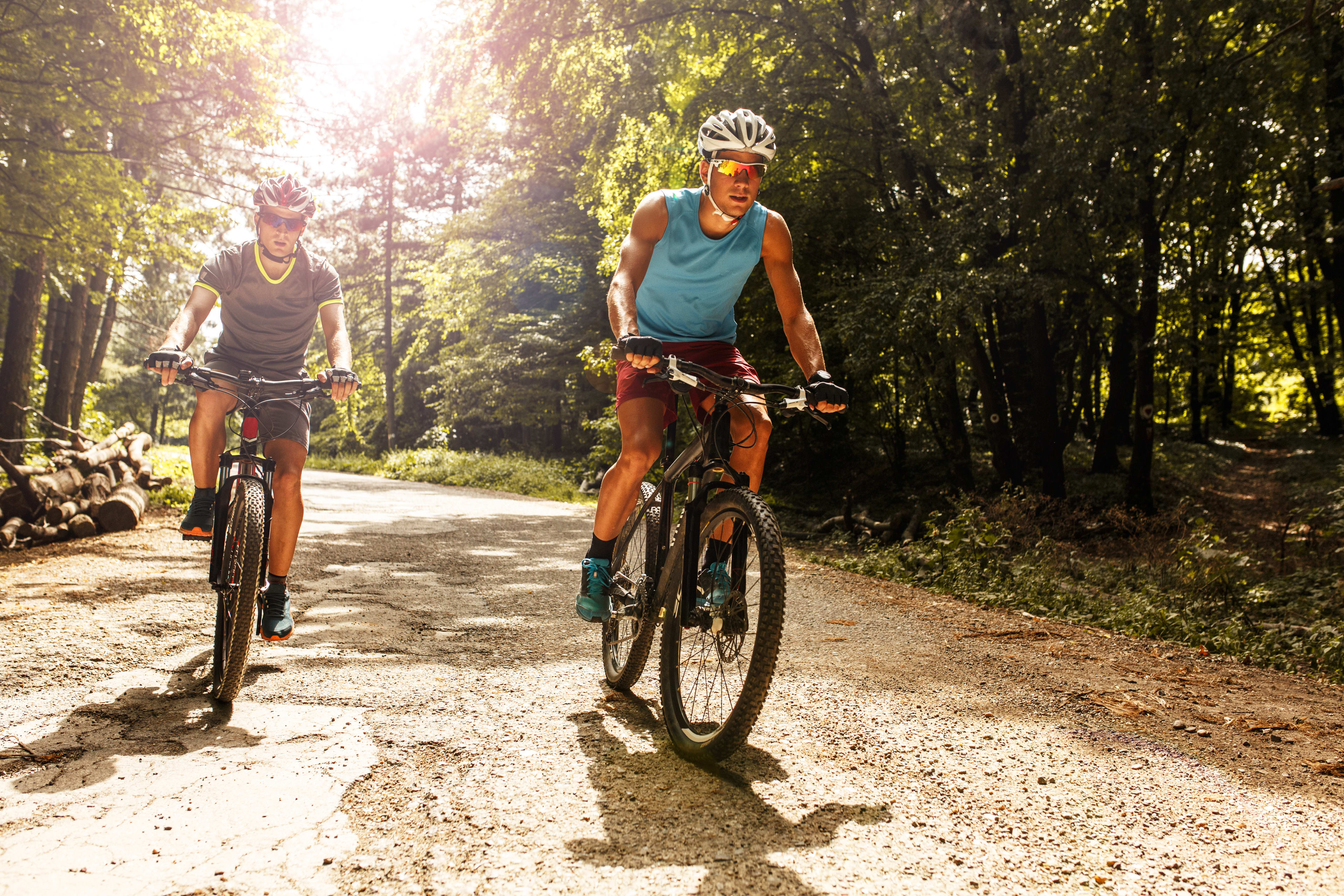 Two men biking through forest