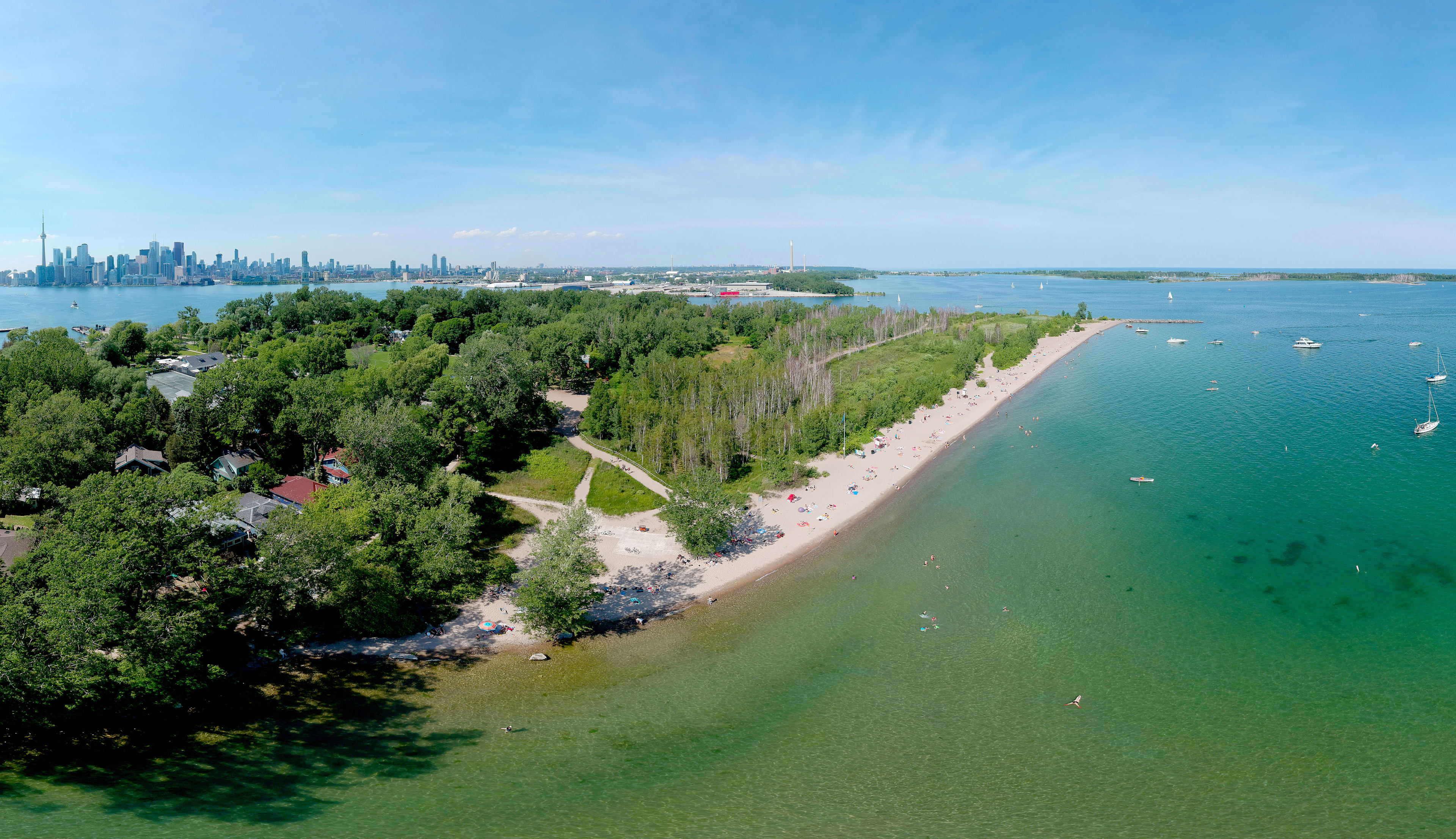 Aerial shot of the Toronto Island - including the beach on a clear sunny day.