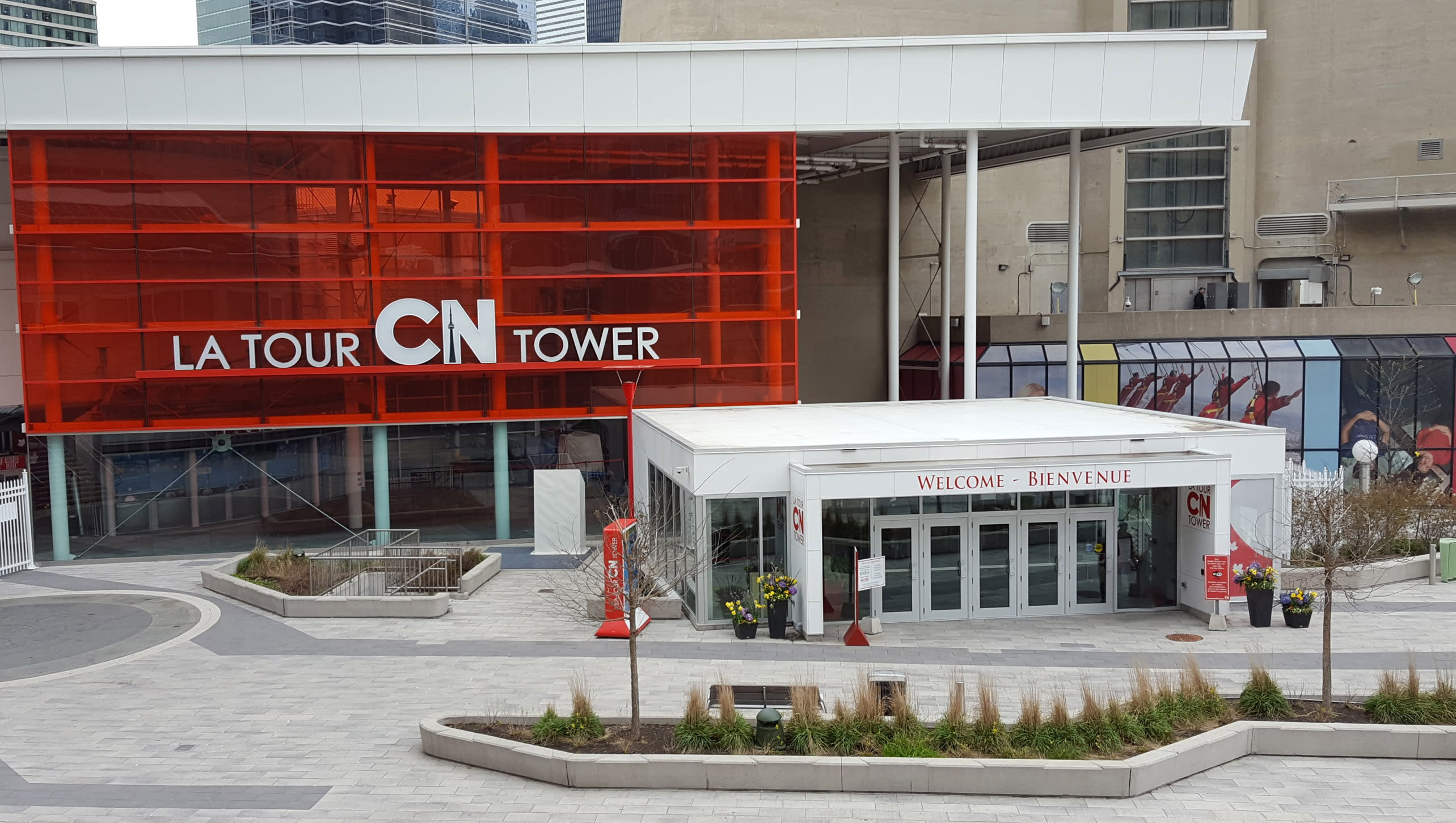 Exterior plaza entrance of the CN Tower in Toronto, ON