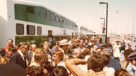 Customers waiting outside for a GO Train in the 1980s