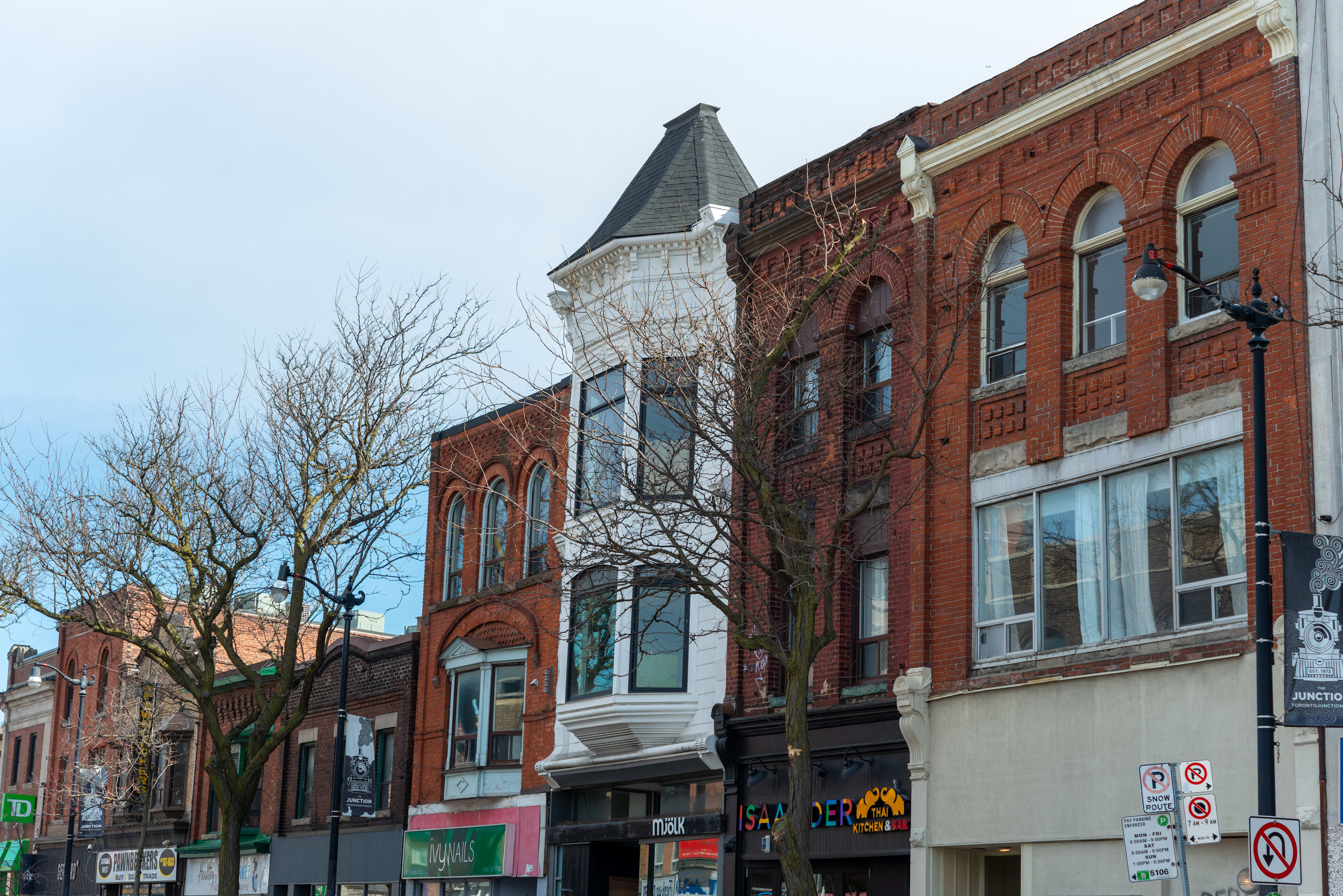 Outside of buildings in Junction neighbourhood in Toronto.