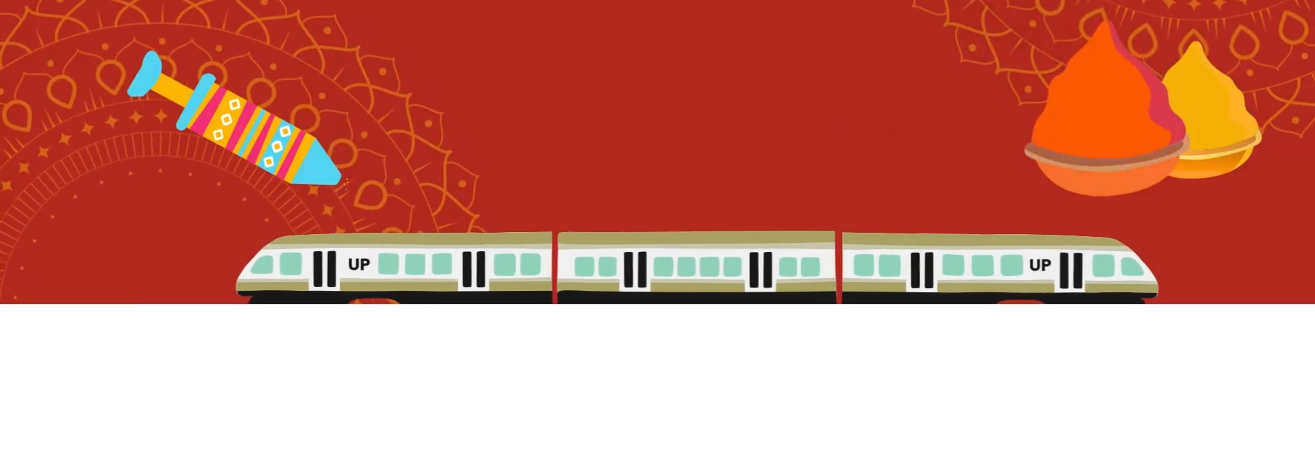 UP train illustrated running against a backdrop with Holi elements like drums and colourful paint.
