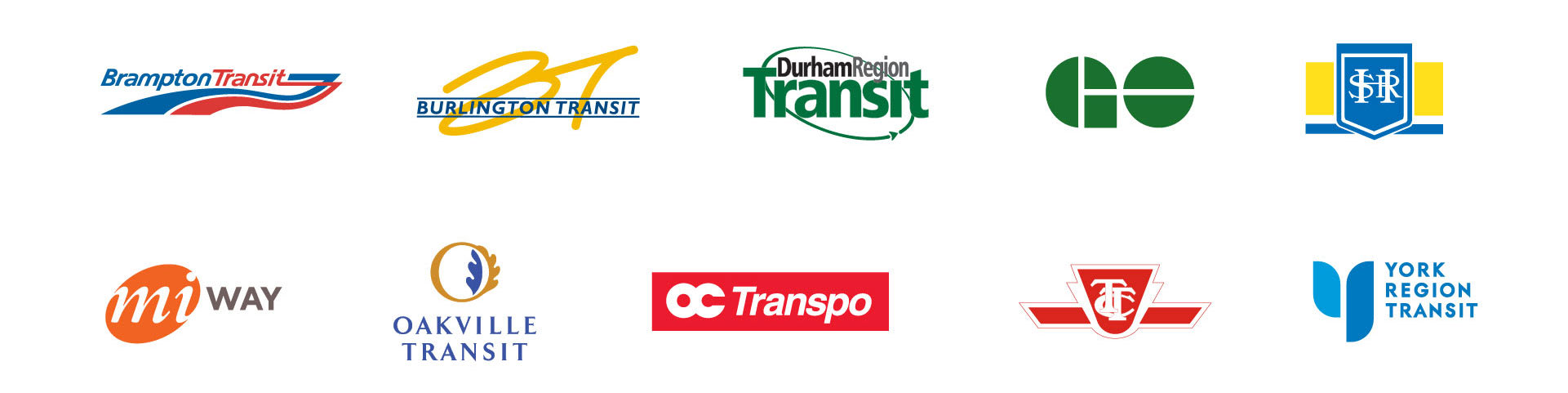 GO Transit, Brampton Transit, Durham Regional Transit, Oakville Transit, HSR, TTC, VIVA, MiWay