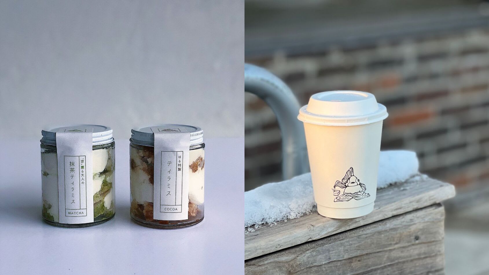 Left- Tsuchi Café mason jar matcha cake, right - Tsuchi Café hot drink disposable cup