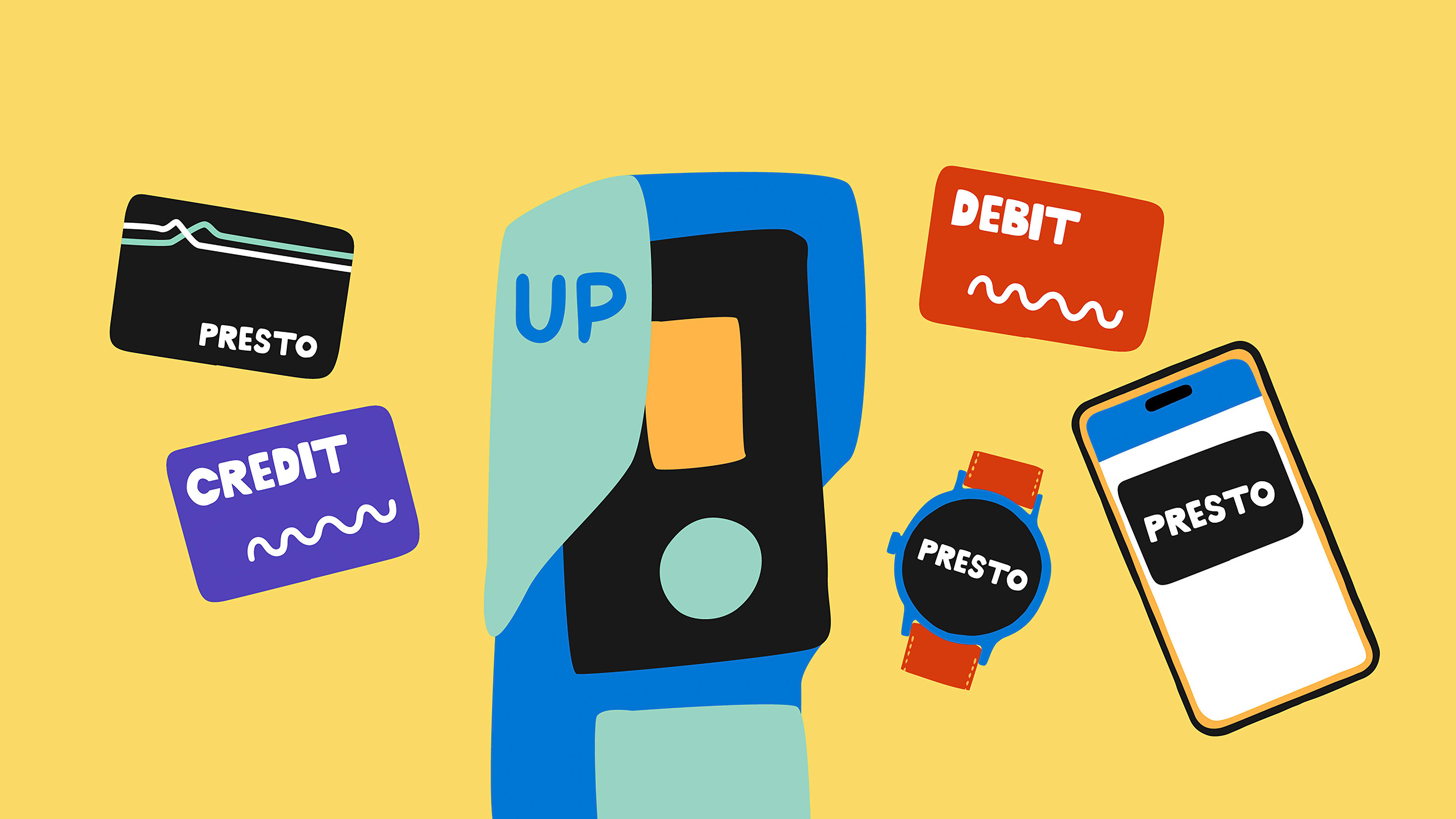 UP PRESTO Tap Payment Station surrounded by a phone, Smart Watch, debit, credit, and Presto cards