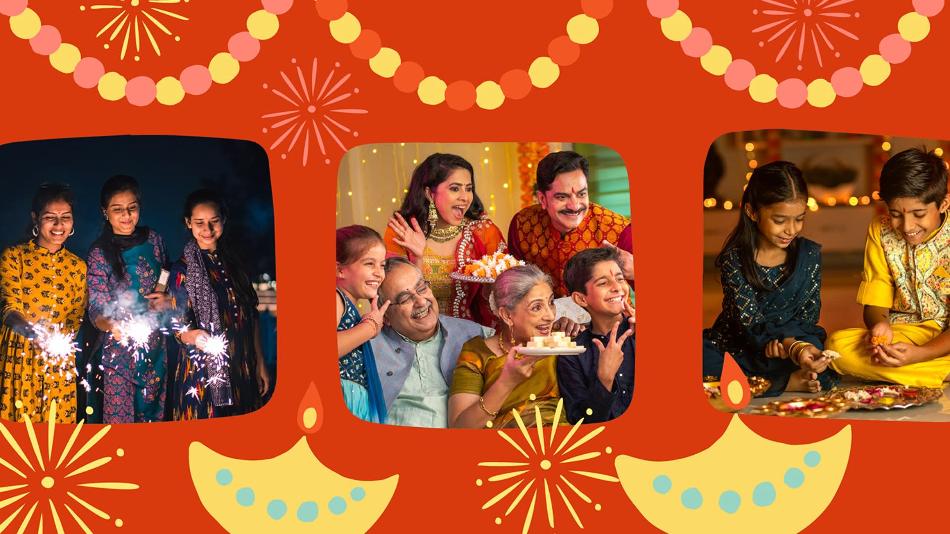 Diwali celebration photo, families celebrating diwali