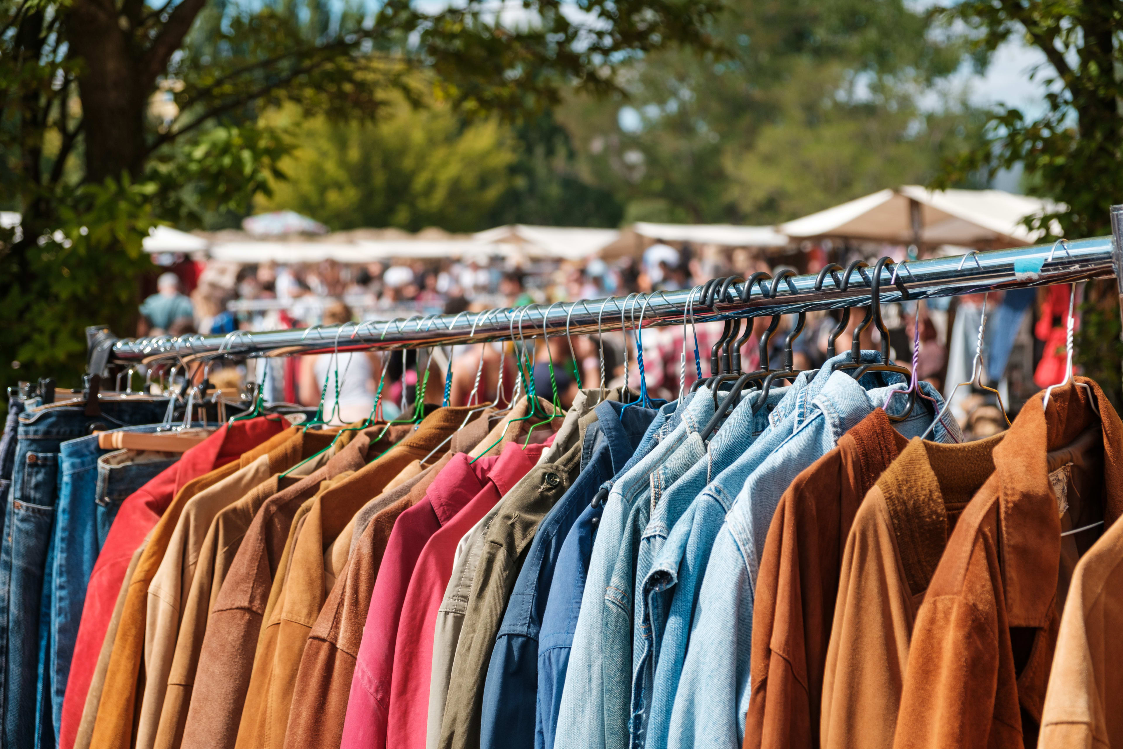 Rack of clothes at a vintage shop outdoors